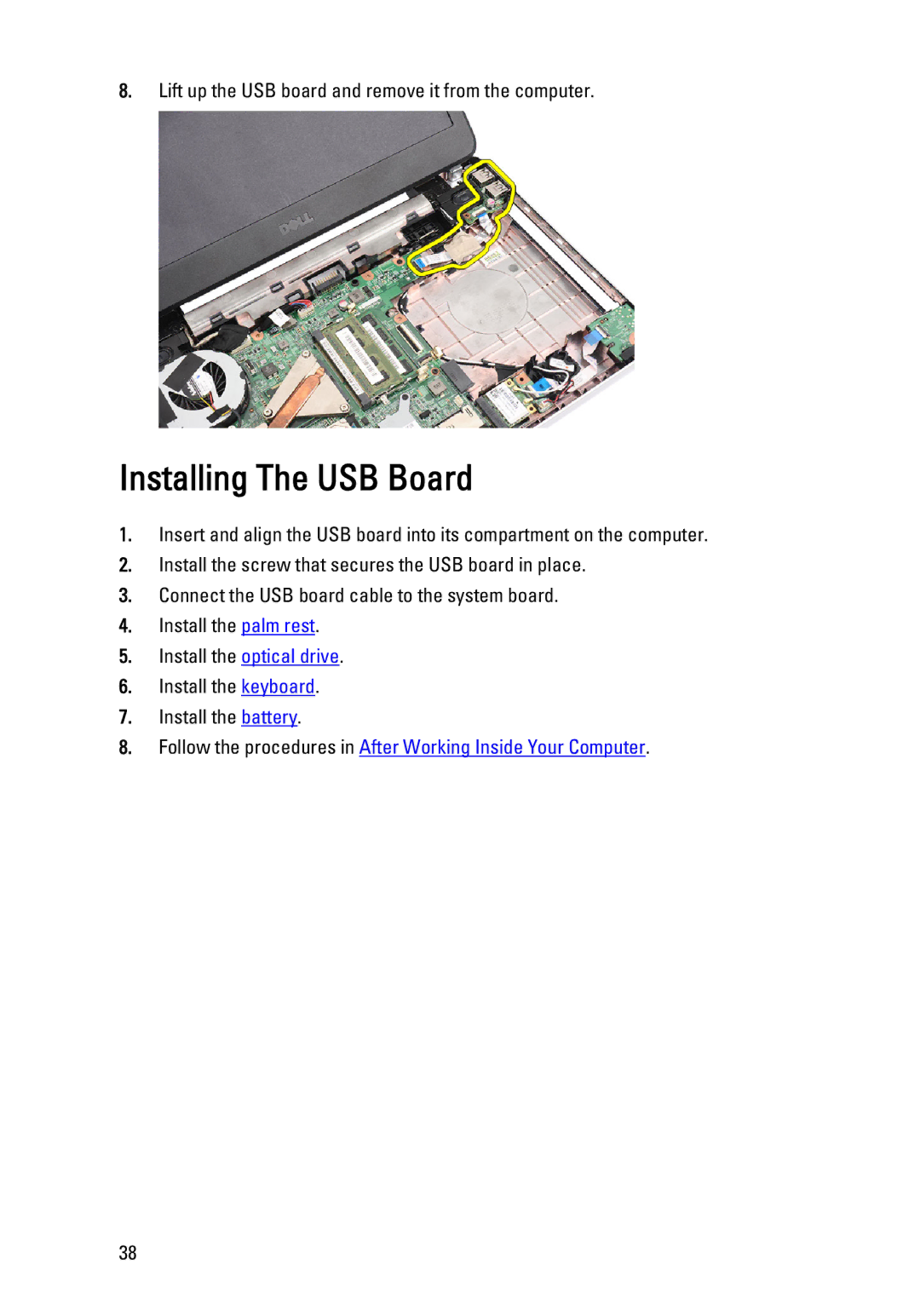 Dell P22G owner manual Installing The USB Board 