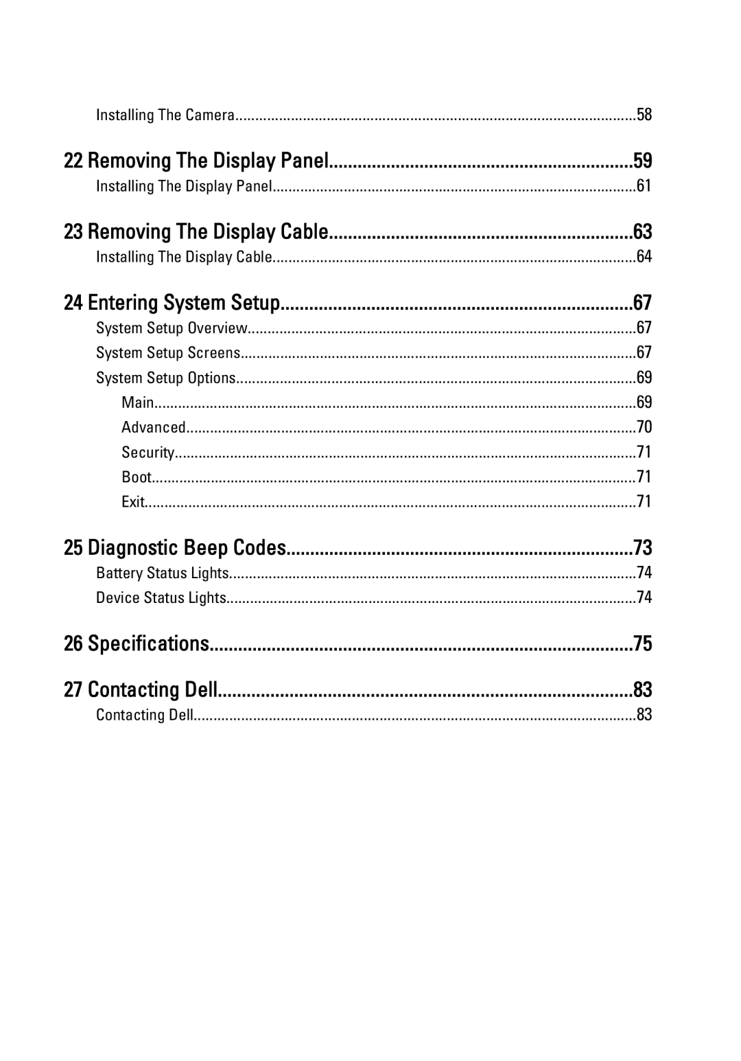 Dell P22G owner manual Removing The Display Panel, Removing The Display Cable, Entering System Setup, Diagnostic Beep Codes 