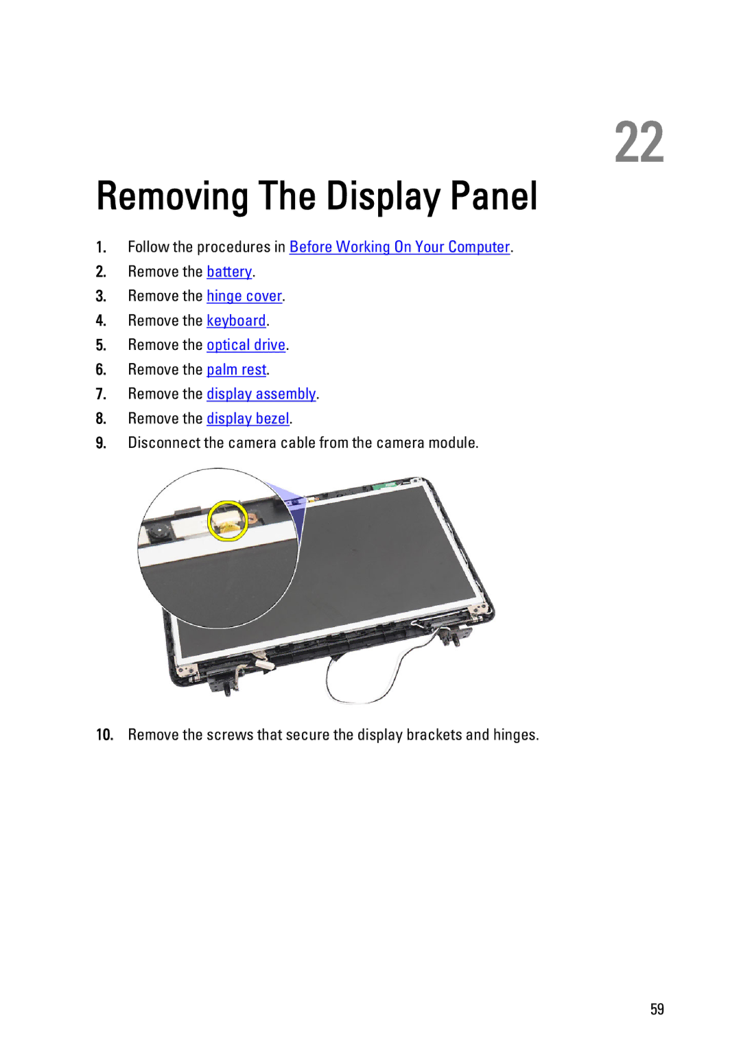 Dell P22G owner manual Removing The Display Panel, Remove the display assembly Remove the display bezel 