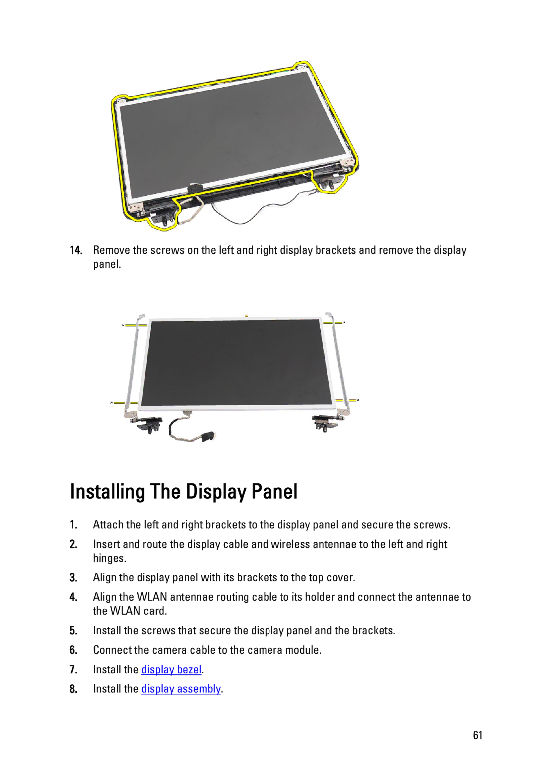 Dell P22G owner manual Installing The Display Panel 