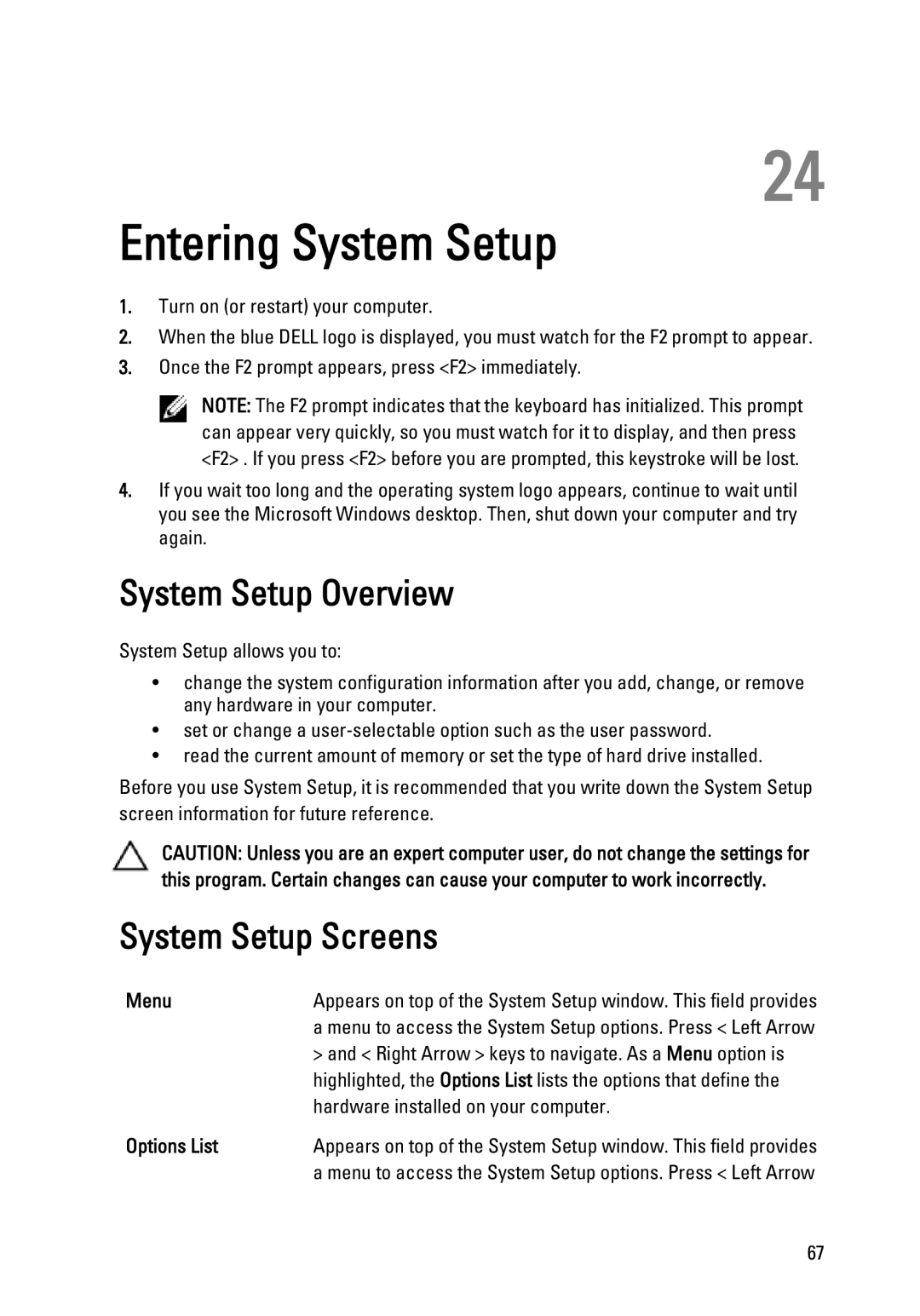 Dell P22G owner manual Entering System Setup, System Setup Overview, System Setup Screens, Menu, Options List 