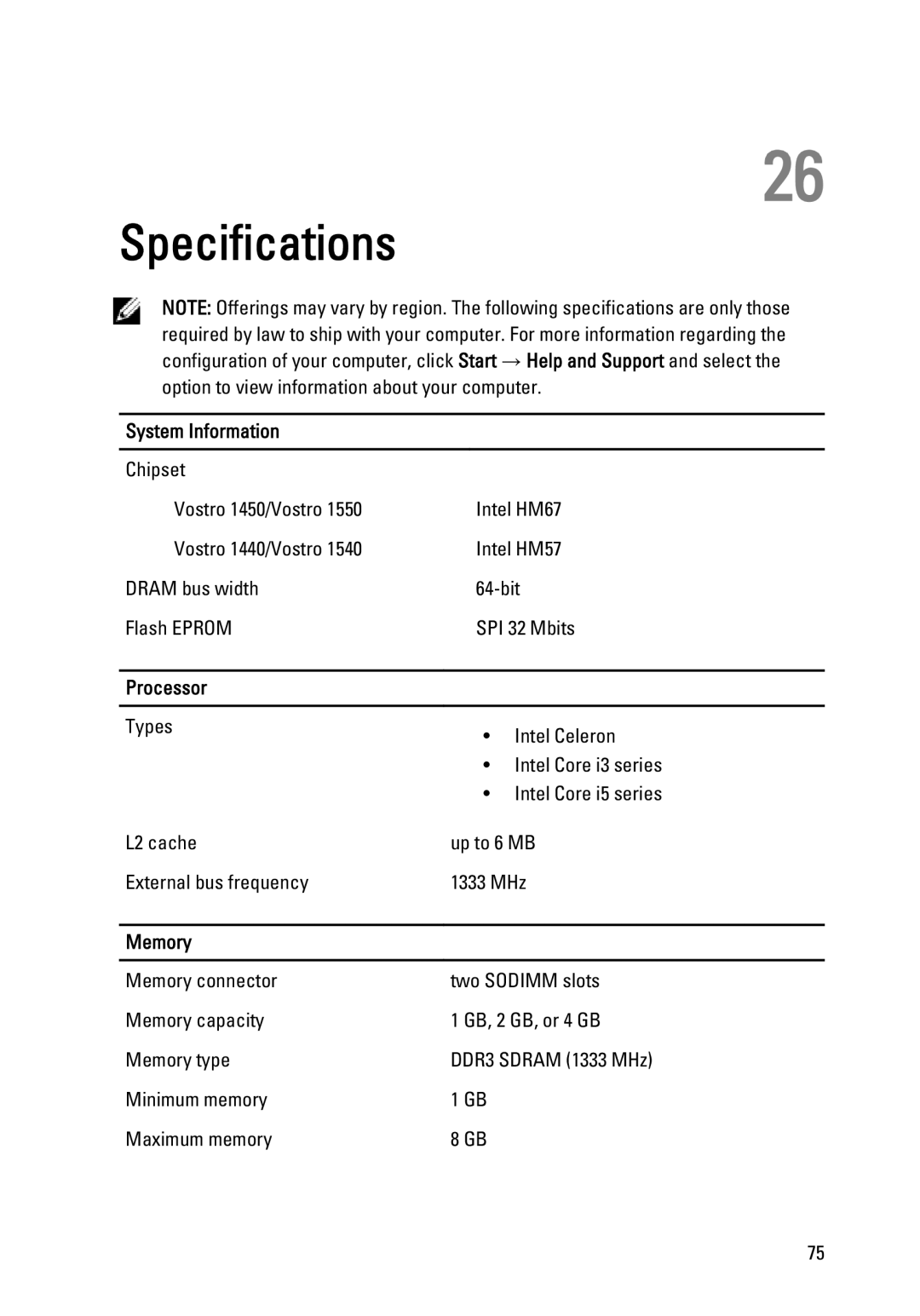 Dell P22G owner manual Specifications, System Information, Processor, Memory 