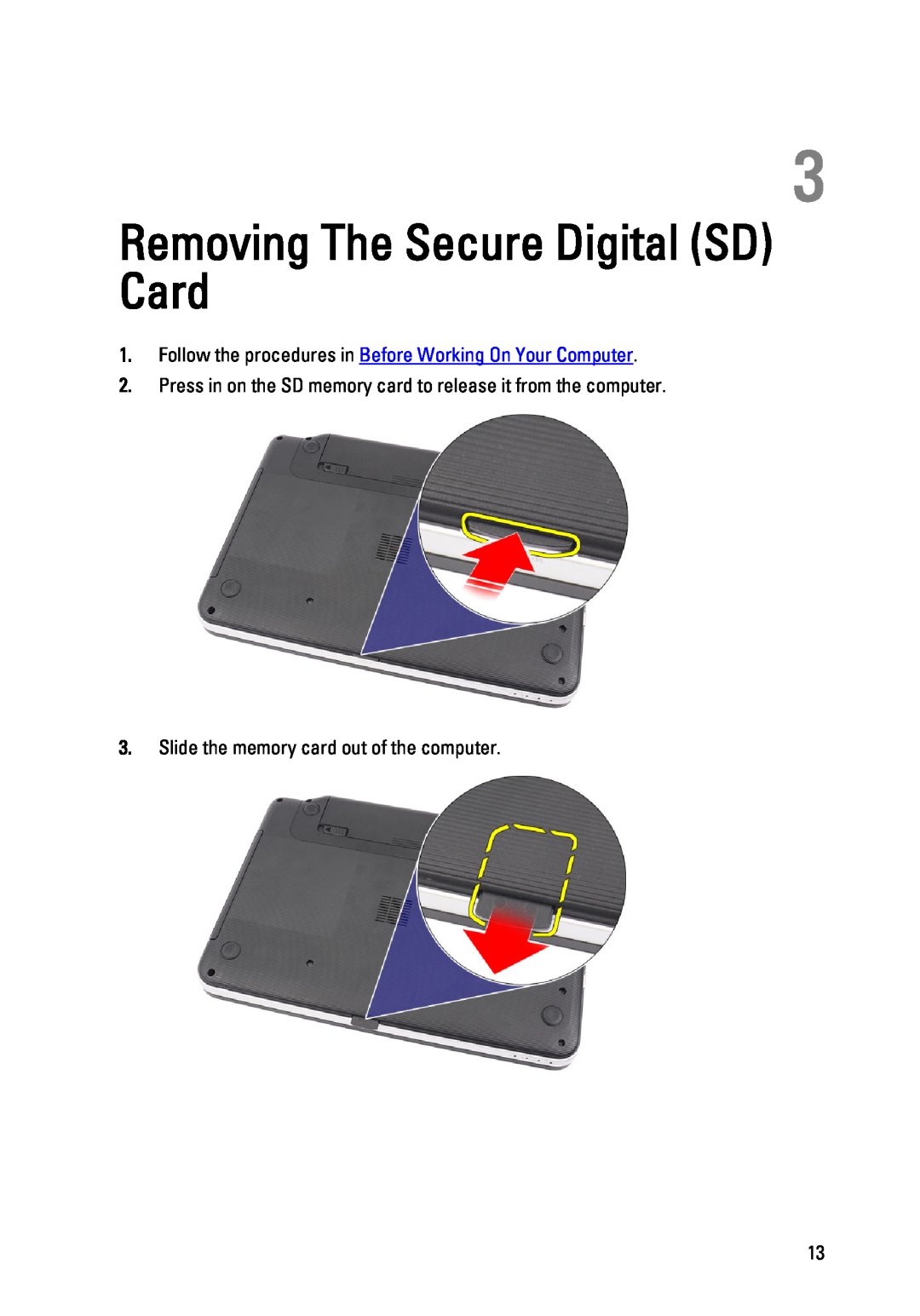 Dell P22G owner manual Removing The Secure Digital SD Card, Press in on the SD memory card to release it from the computer 
