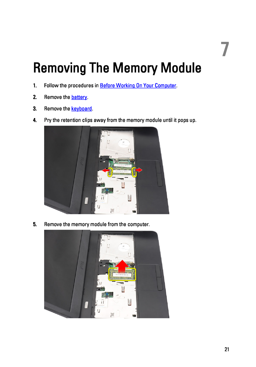 Dell P22G owner manual Removing The Memory Module, Remove the memory module from the computer 