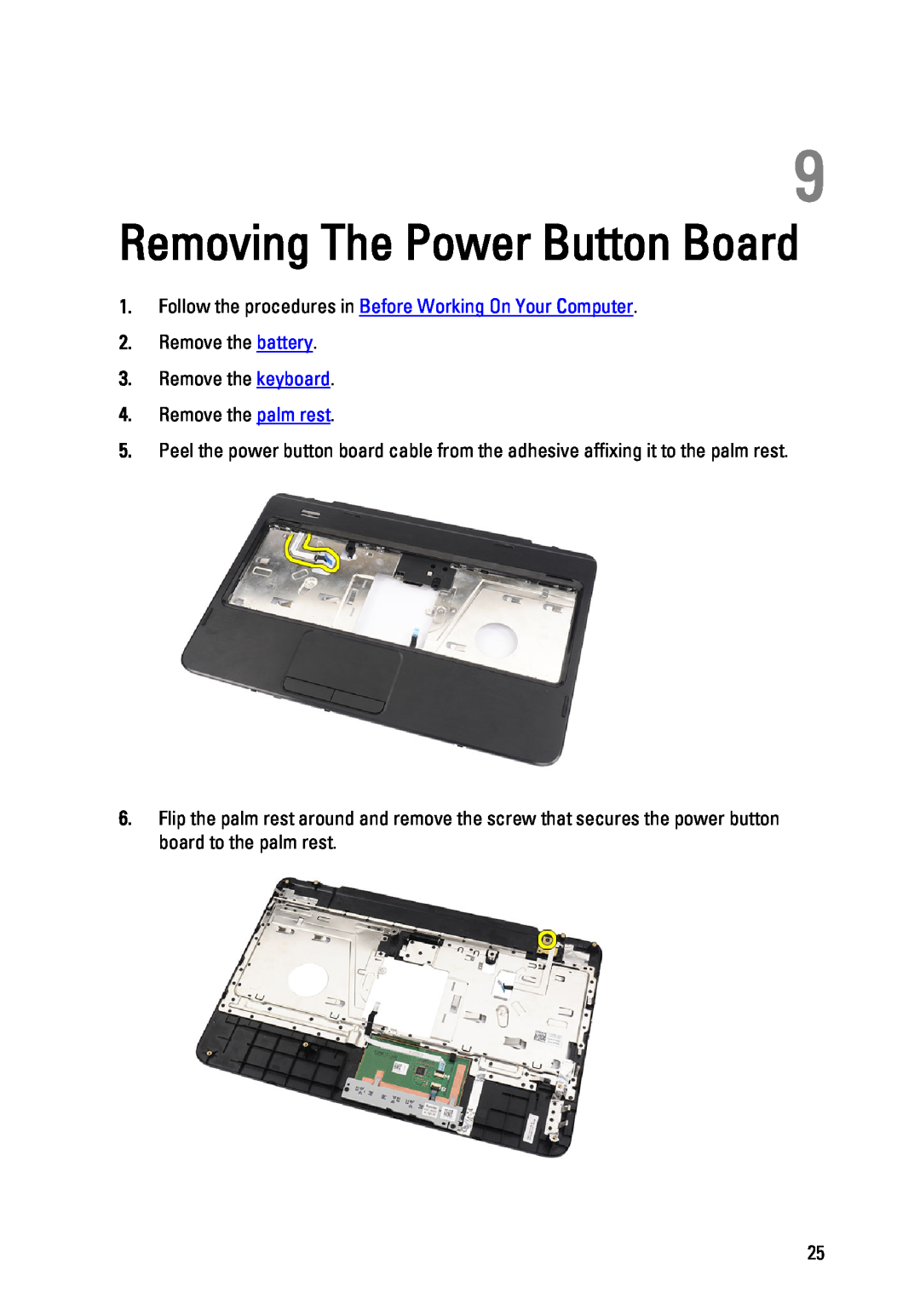 Dell P22G owner manual Removing The Power Button Board, Follow the procedures in Before Working On Your Computer 
