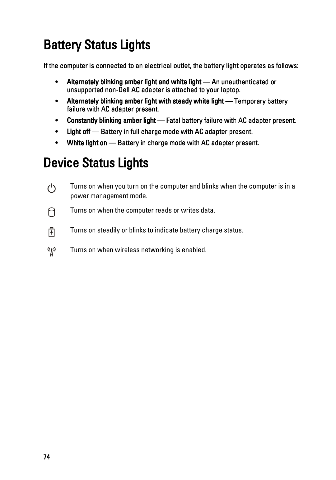 Dell P22G owner manual Battery Status Lights, Device Status Lights 