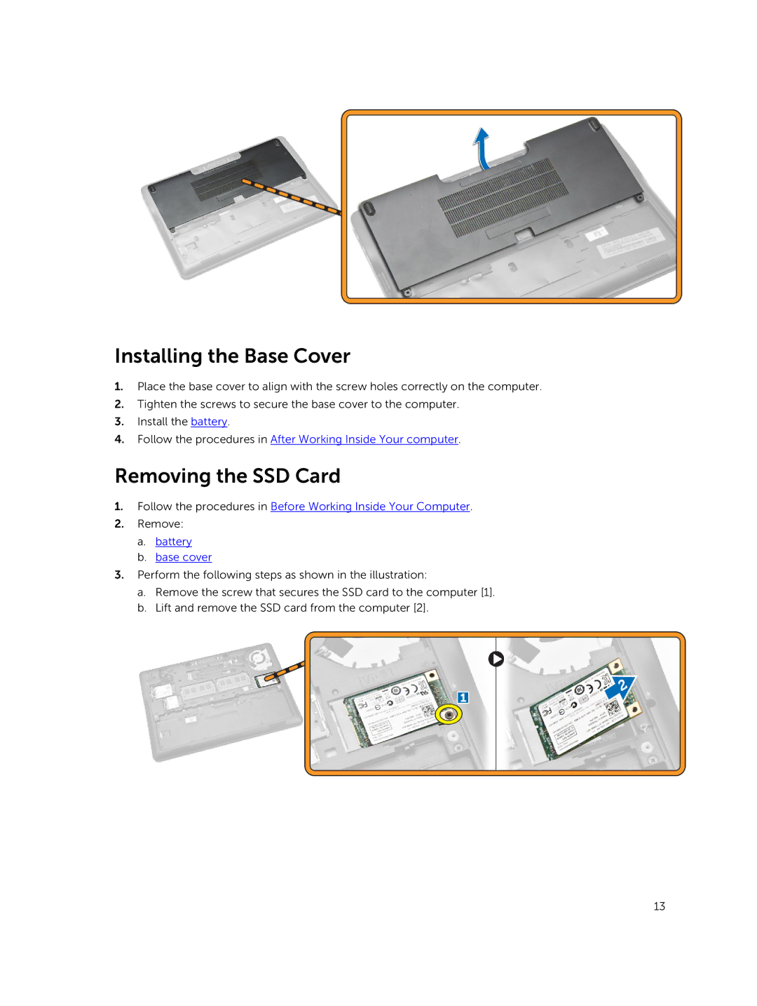 Dell P22S002 owner manual Installing the Base Cover, Removing the SSD Card, Battery Base cover 