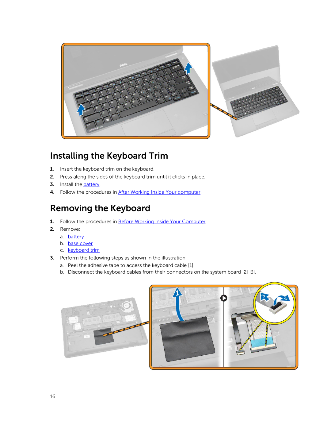 Dell P22S002 owner manual Installing the Keyboard Trim, Removing the Keyboard, Battery Base cover Keyboard trim 