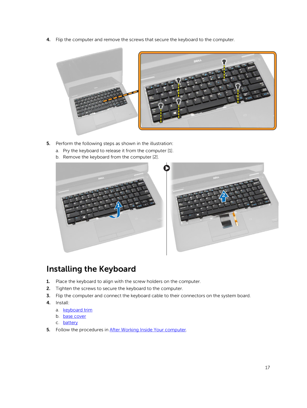 Dell P22S002 owner manual Installing the Keyboard 