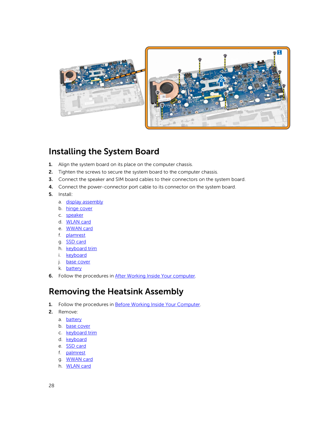 Dell P22S002 owner manual Installing the System Board, Removing the Heatsink Assembly 