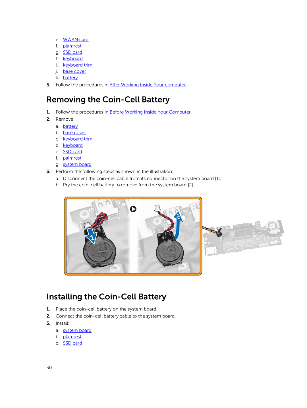 Dell P22S002 owner manual Removing the Coin-Cell Battery, Installing the Coin-Cell Battery, System board Plamrest SSD card 