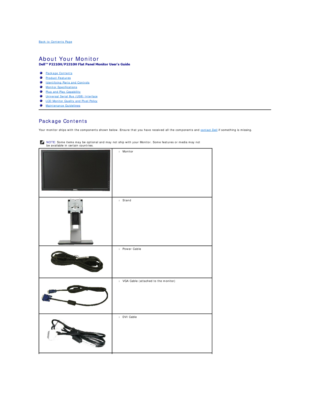 Dell P2310H, P2210H appendix About Your Monitor, Package Contents 