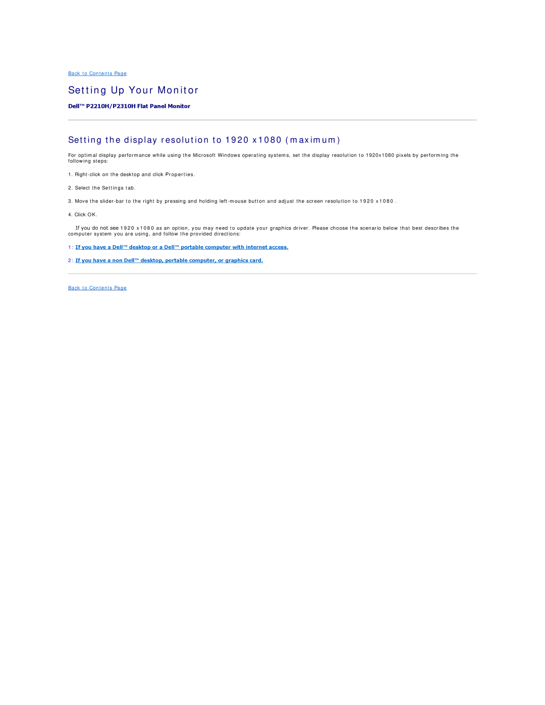 Dell P2310H, P2210H appendix Setting Up Your Monitor, Setting the display resolution to 1920 x1080 maximum 