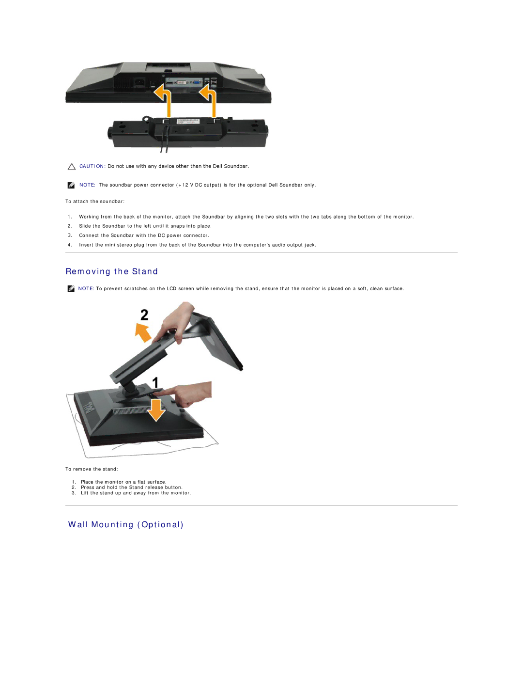 Dell P2210H, P2310H appendix Removing the Stand, Wall Mounting Optional 