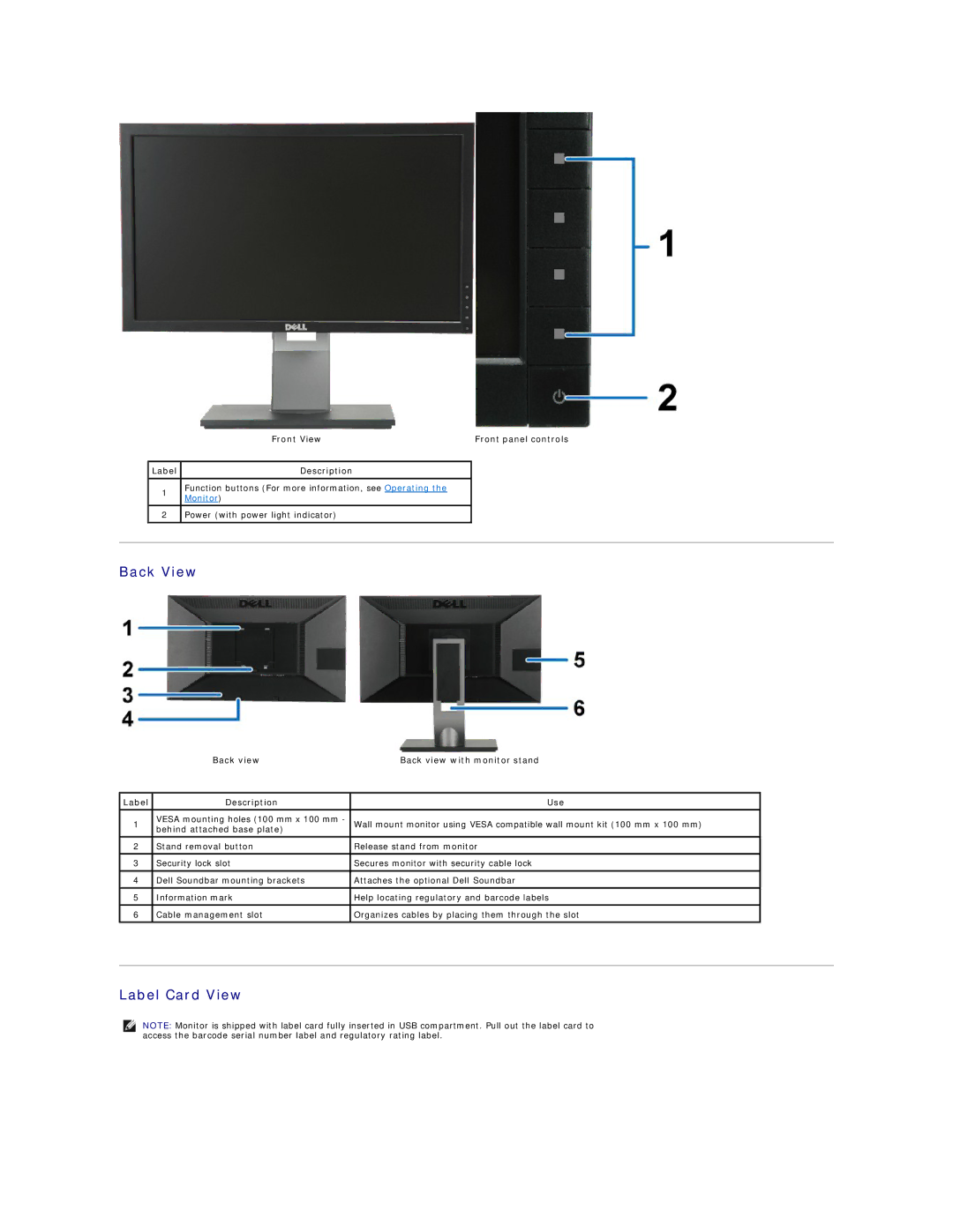 Dell P2310H, P2210H appendix Back View, Label Card View 