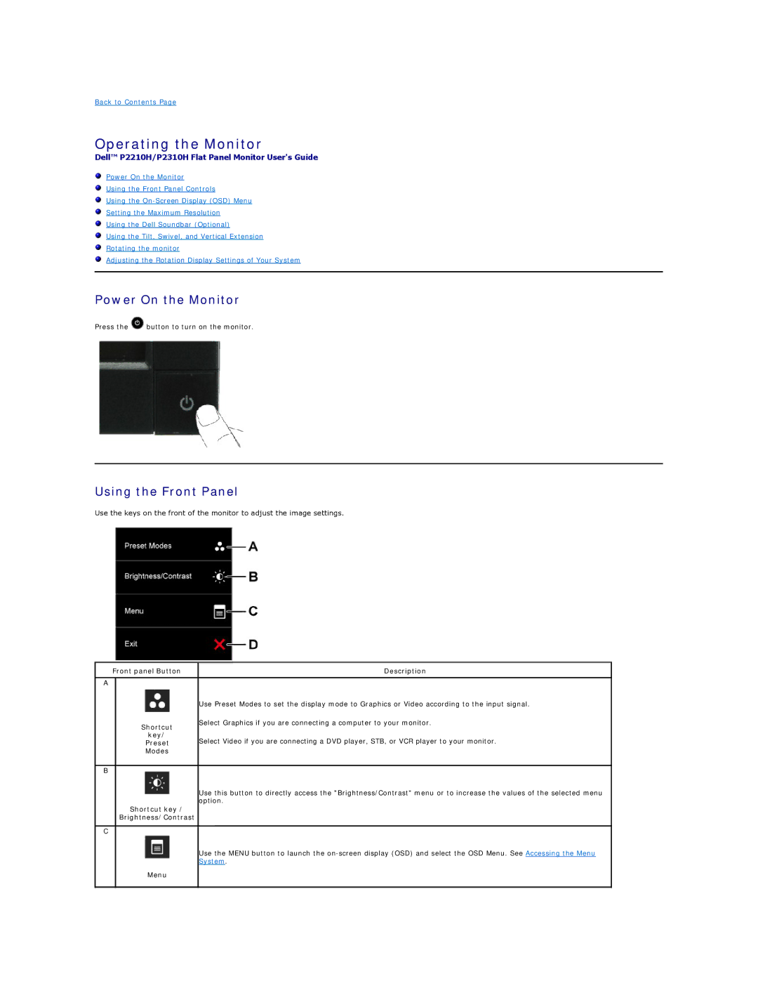 Dell P2310HF Operating the Monitor, Power On the Monitor, Using the Front Panel, Shortcut key Brightness/Contrast, Menu 