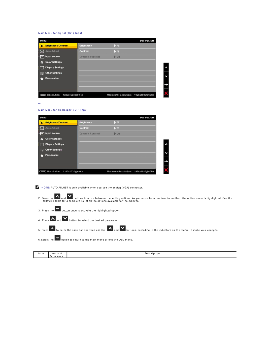 Dell P2310HF appendix Icon Menu Submenus Description 