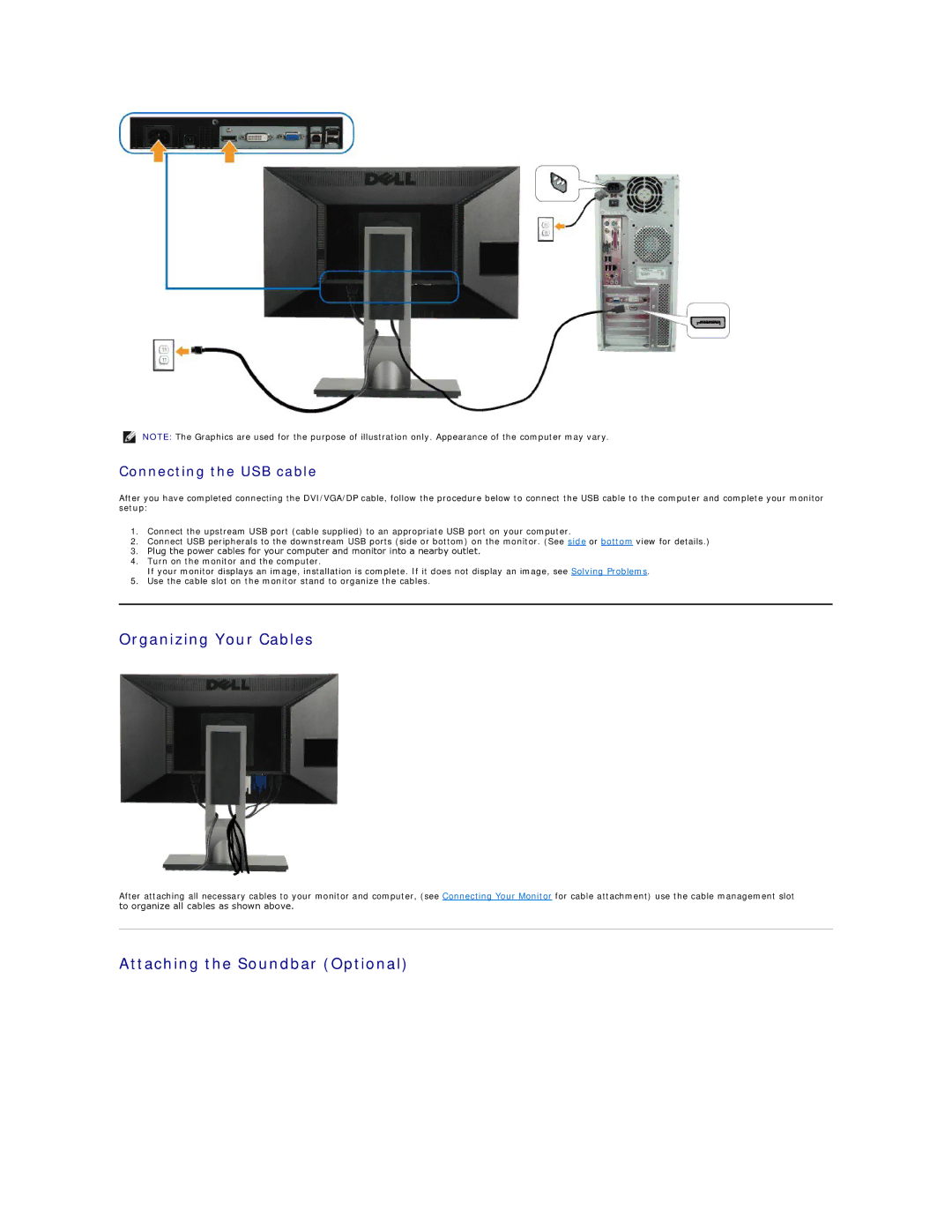 Dell P2310HF appendix Organizing Your Cables, Attaching the Soundbar Optional, Connecting the USB cable 