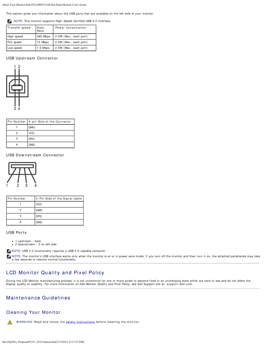 Dell P2311H, P2211H appendix LCD Monitor Quality and Pixel Policy, Maintenance Guidelines, Cleaning Your Monitor 