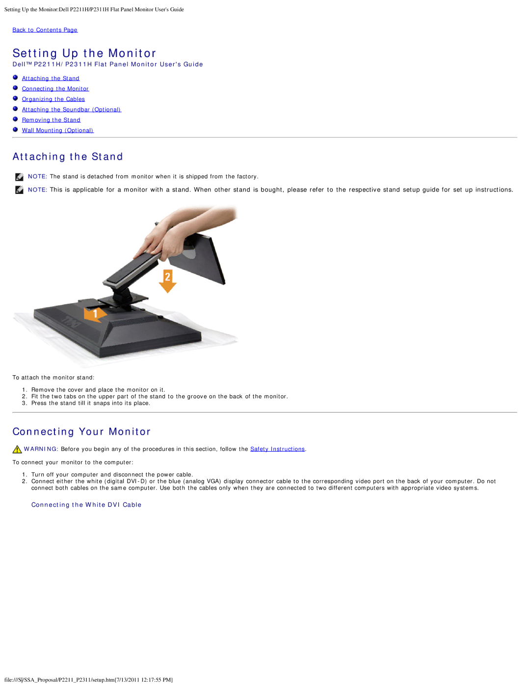 Dell P2311H, P2211H appendix Attaching the Stand, Connecting Your Monitor 