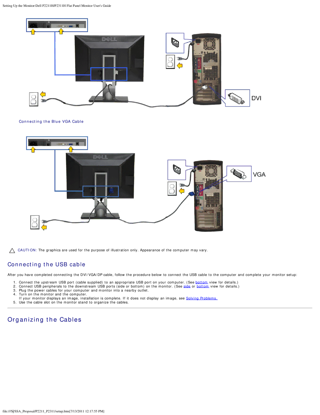 Dell P2211H, P2311H appendix Organizing the Cables, Connecting the USB cable 