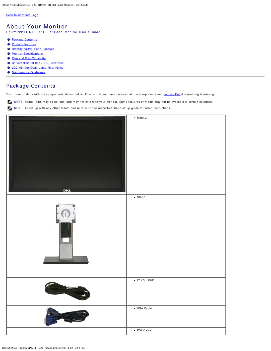 Dell P2311H, P2211H appendix About Your Monitor, Package Contents 