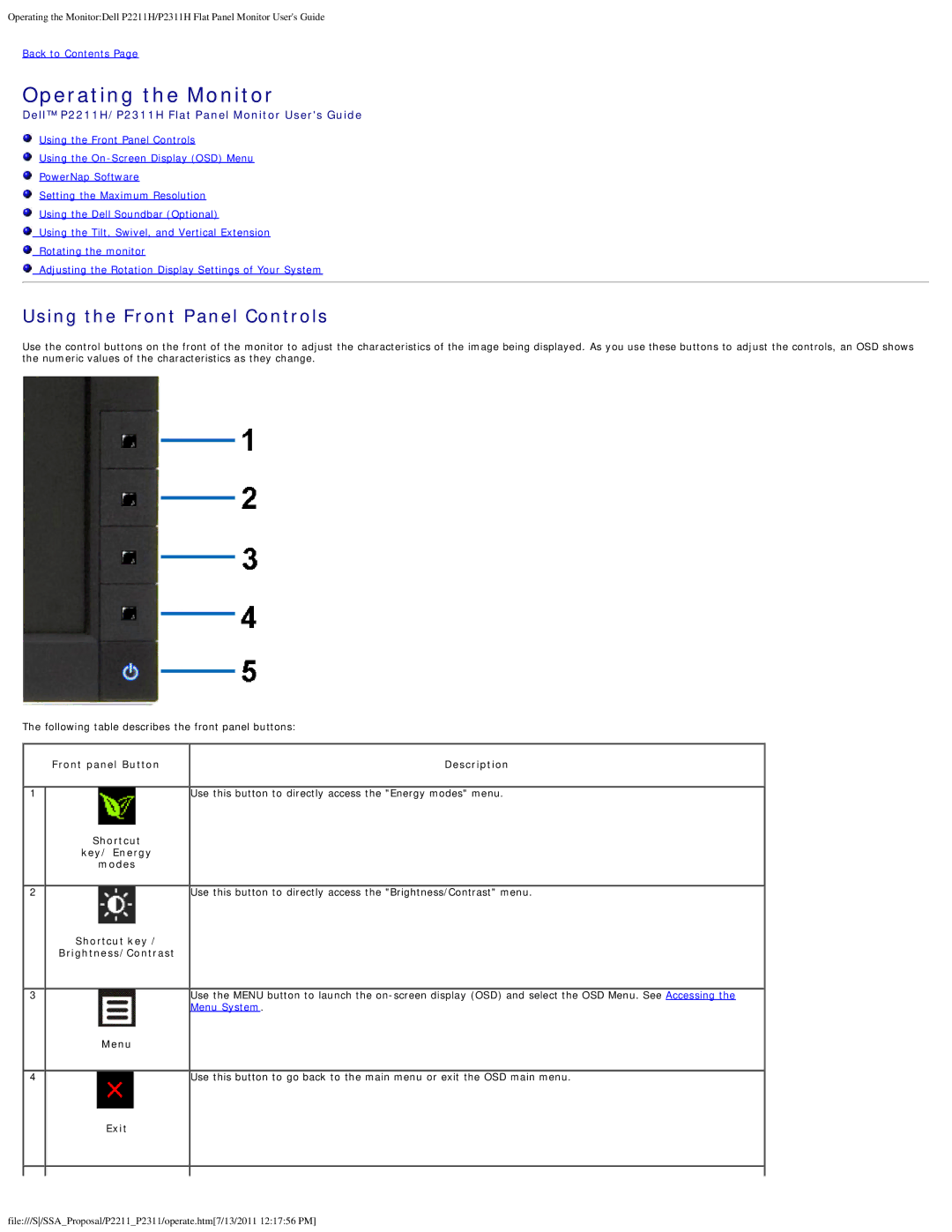 Dell P2311H, P2211H appendix Operating the Monitor, Using the Front Panel Controls 