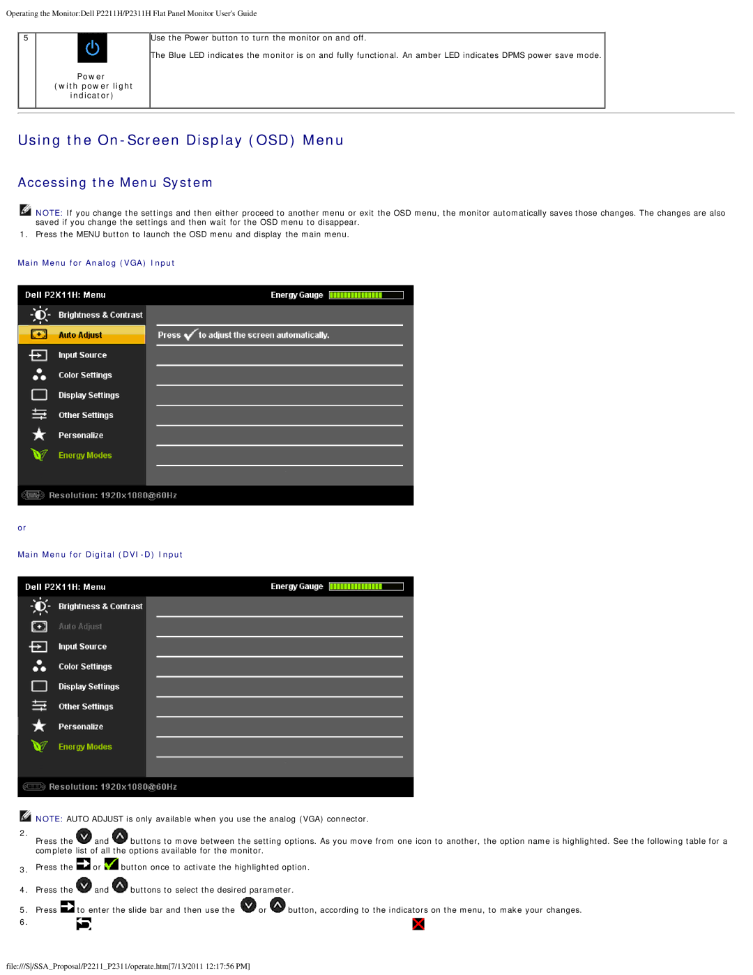 Dell P2211H, P2311H appendix Using the On-Screen Display OSD Menu, Power with power light Indicator 