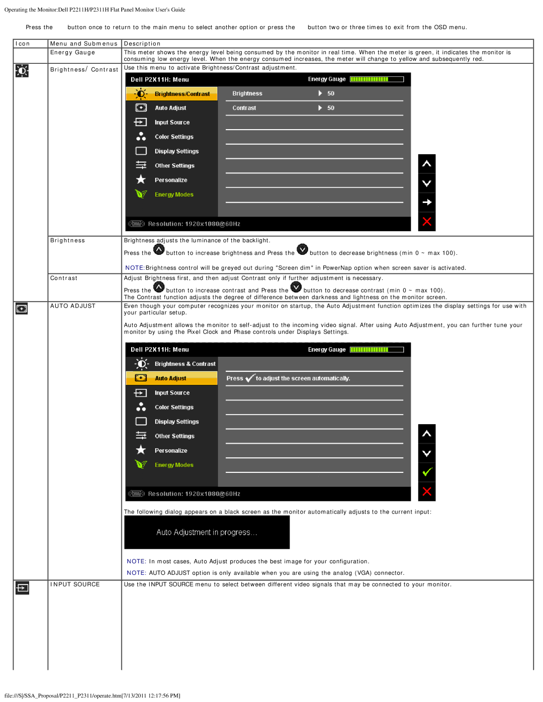 Dell P2311H, P2211H appendix Brightness, Contrast 