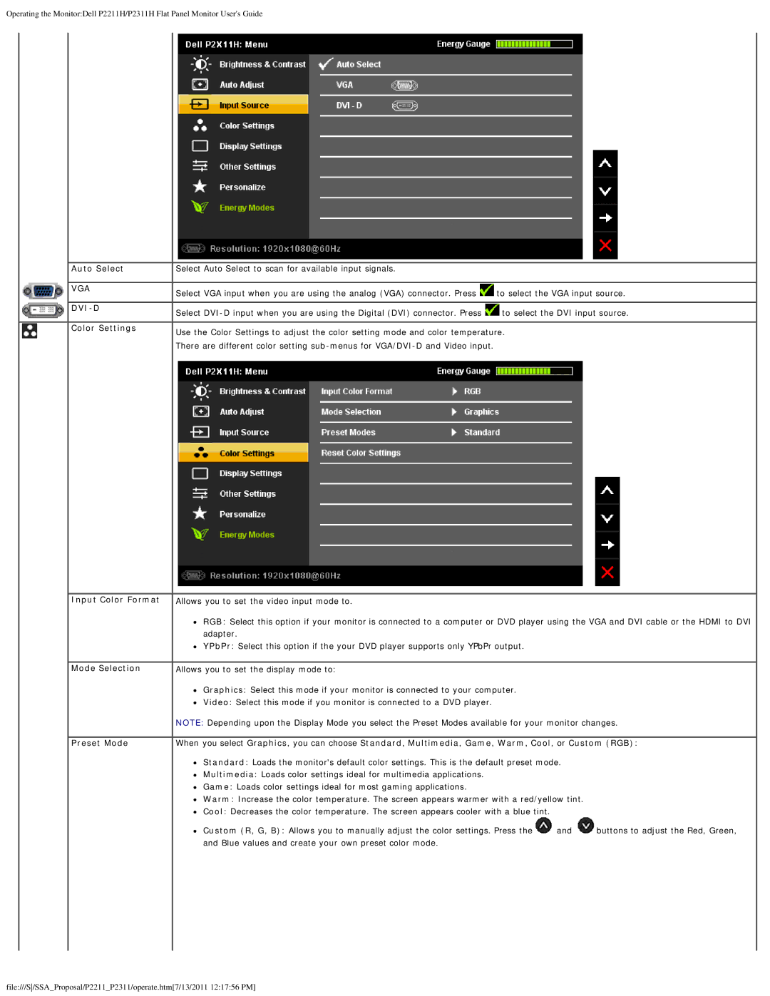 Dell P2211H, P2311H appendix Auto Select, Vga 