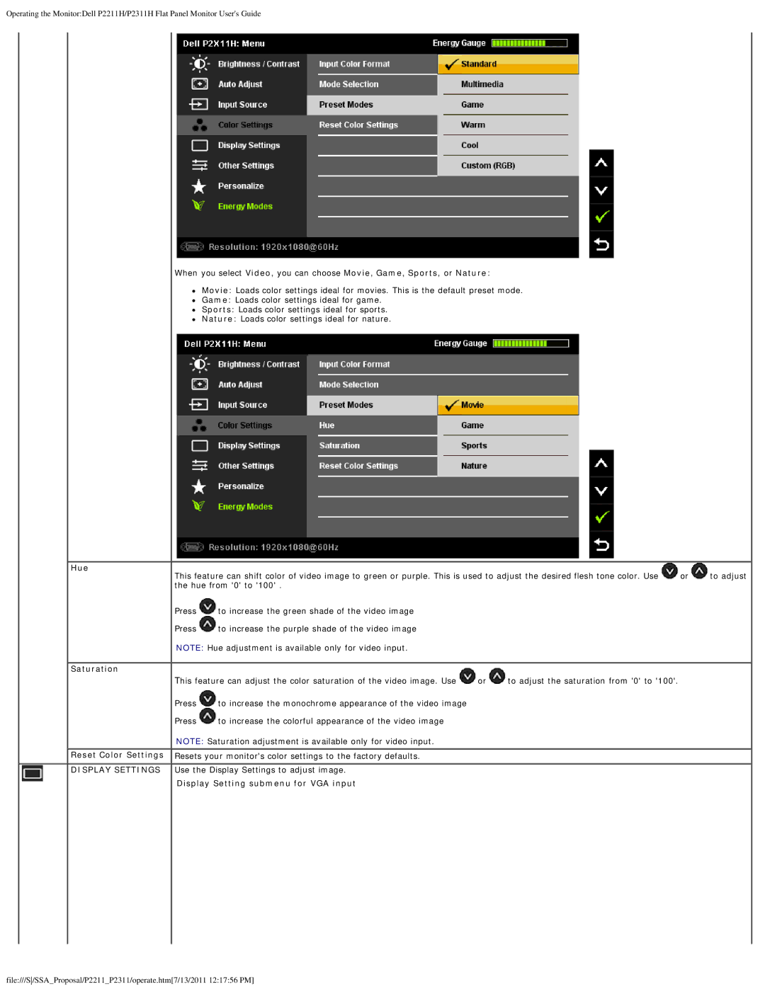 Dell P2311H, P2211H appendix Hue Saturation Reset Color Settings, Display Setting submenu for VGA input 