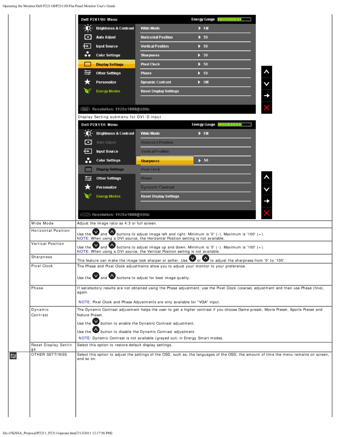 Dell P2211H Display Setting submenu for DVI-D input, Wide Mode, Horizontal Position, Vertical Position, Sharpness, Phase 