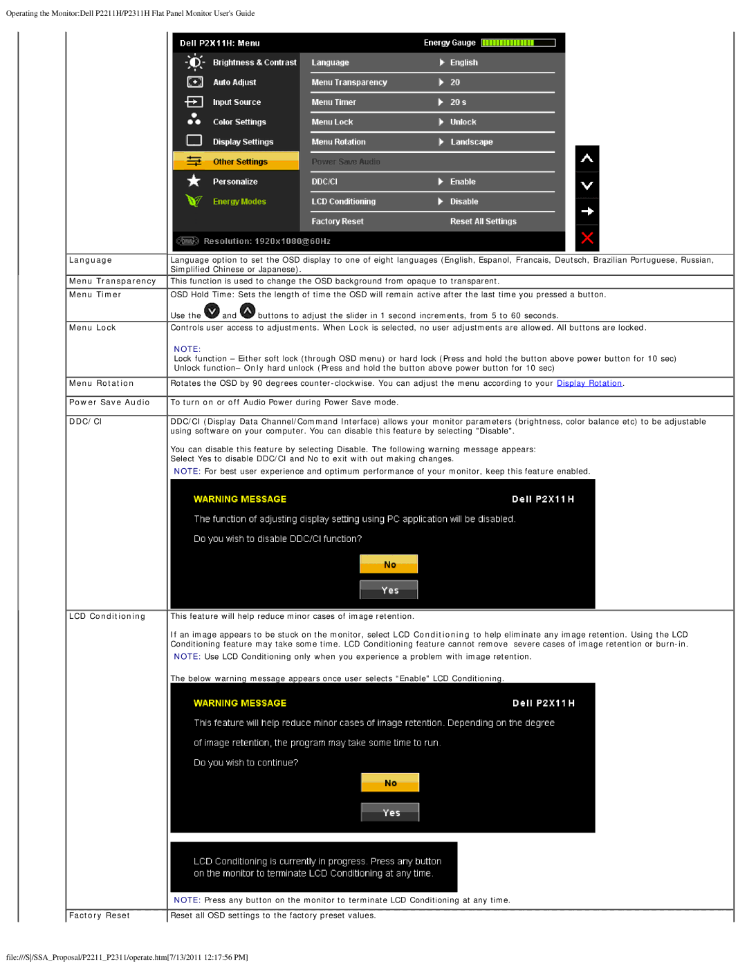 Dell P2311H, P2211H appendix Language Menu Transparency Menu Timer Menu Lock, LCD Conditioning, Factory Reset 