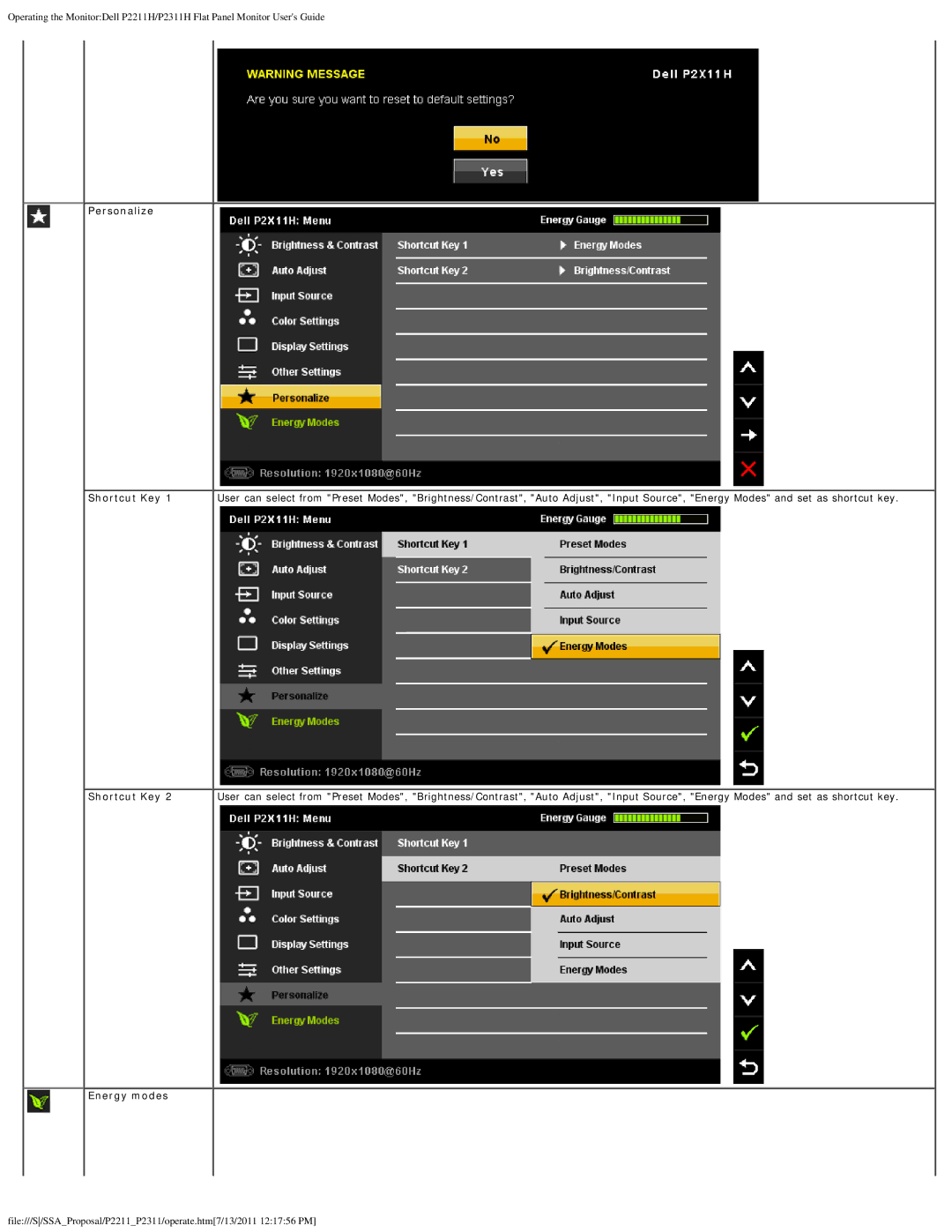 Dell P2211H, P2311H appendix Personalize Shortcut Key, Energy modes 