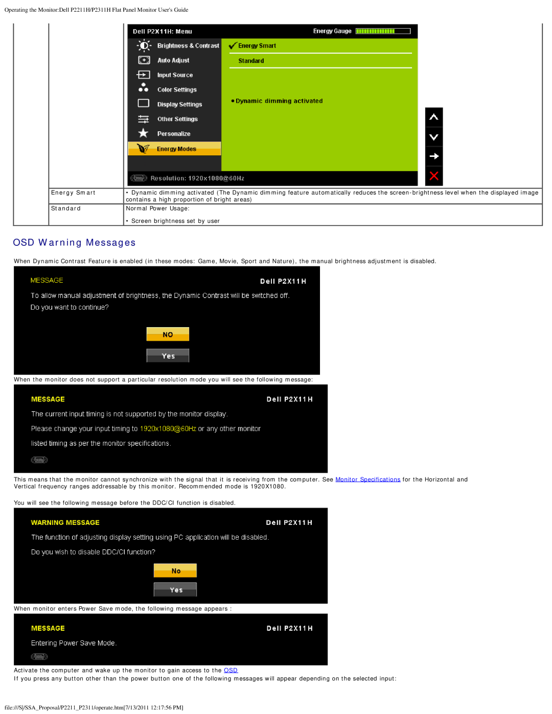 Dell P2311H, P2211H appendix Energy Smart, Standard 