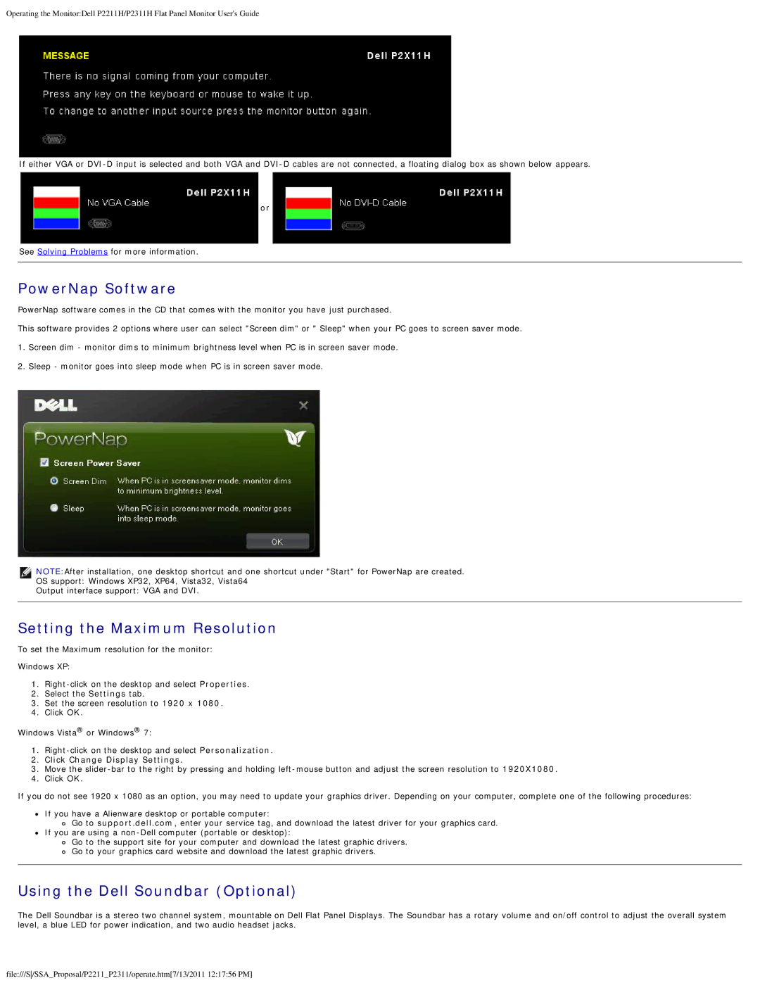 Dell P2211H, P2311H appendix PowerNap Software, Setting the Maximum Resolution, Using the Dell Soundbar Optional 