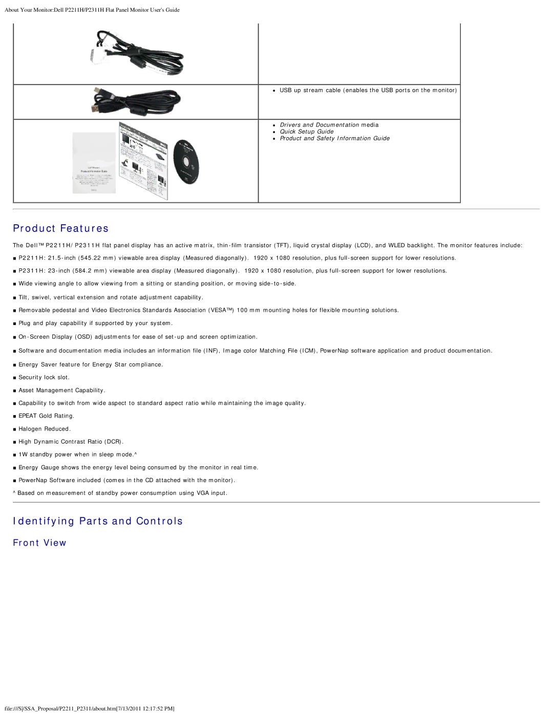 Dell P2211H, P2311H appendix Product Features, Identifying Parts and Controls, Front View 