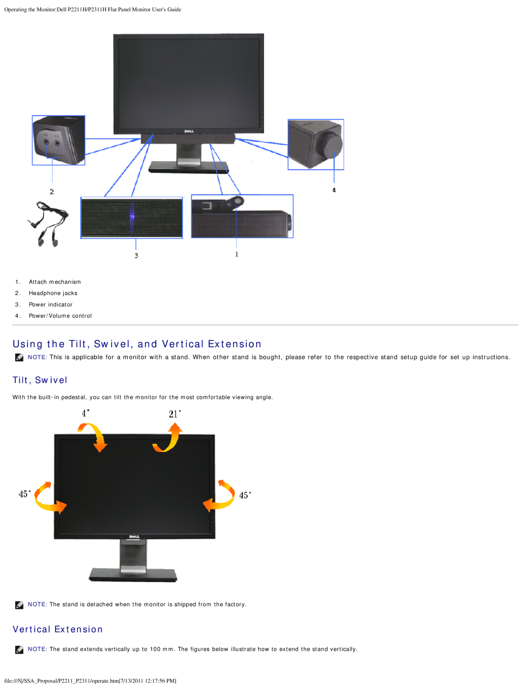 Dell P2311H, P2211H appendix Using the Tilt, Swivel, and Vertical Extension 