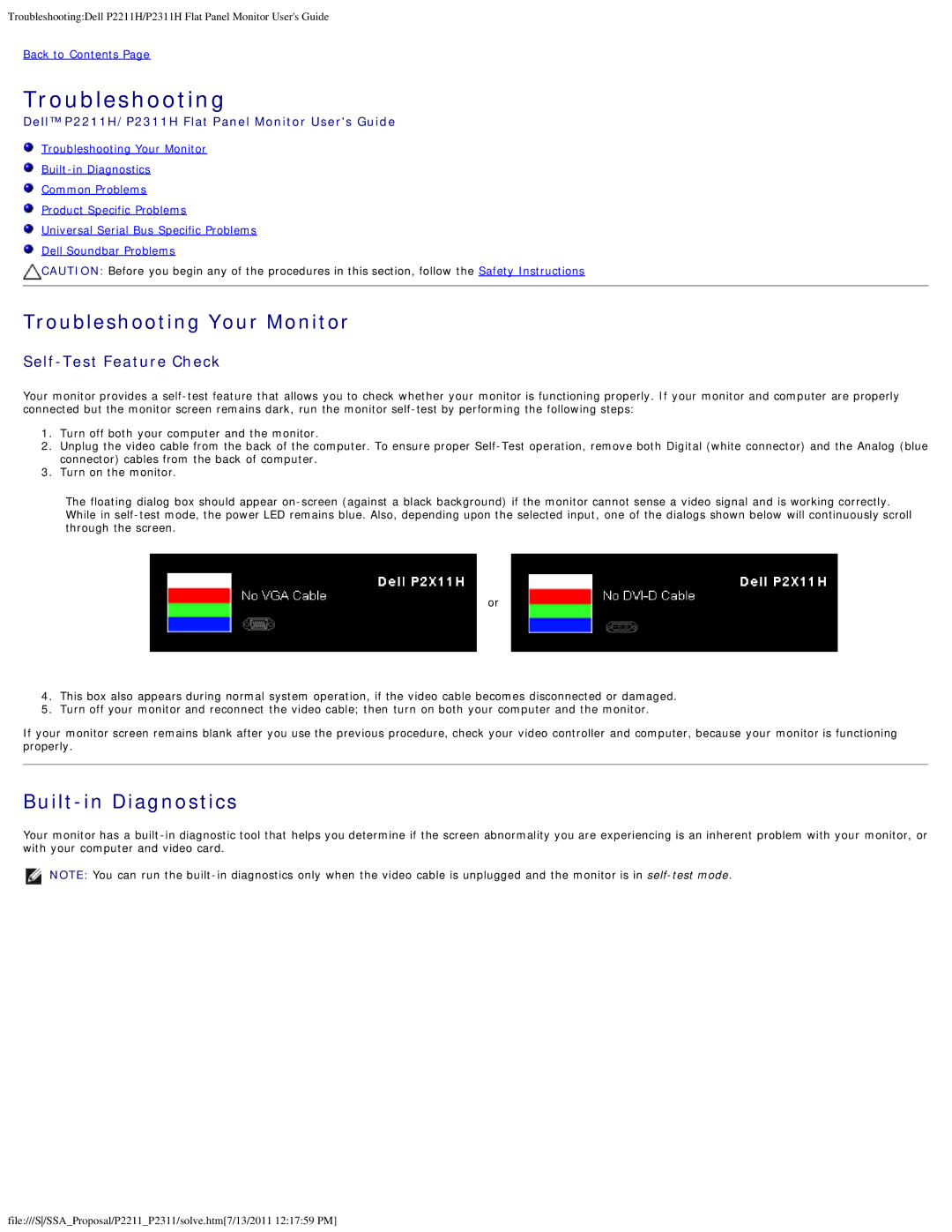 Dell P2211H, P2311H appendix Troubleshooting Your Monitor, Built-in Diagnostics, Self-Test Feature Check 