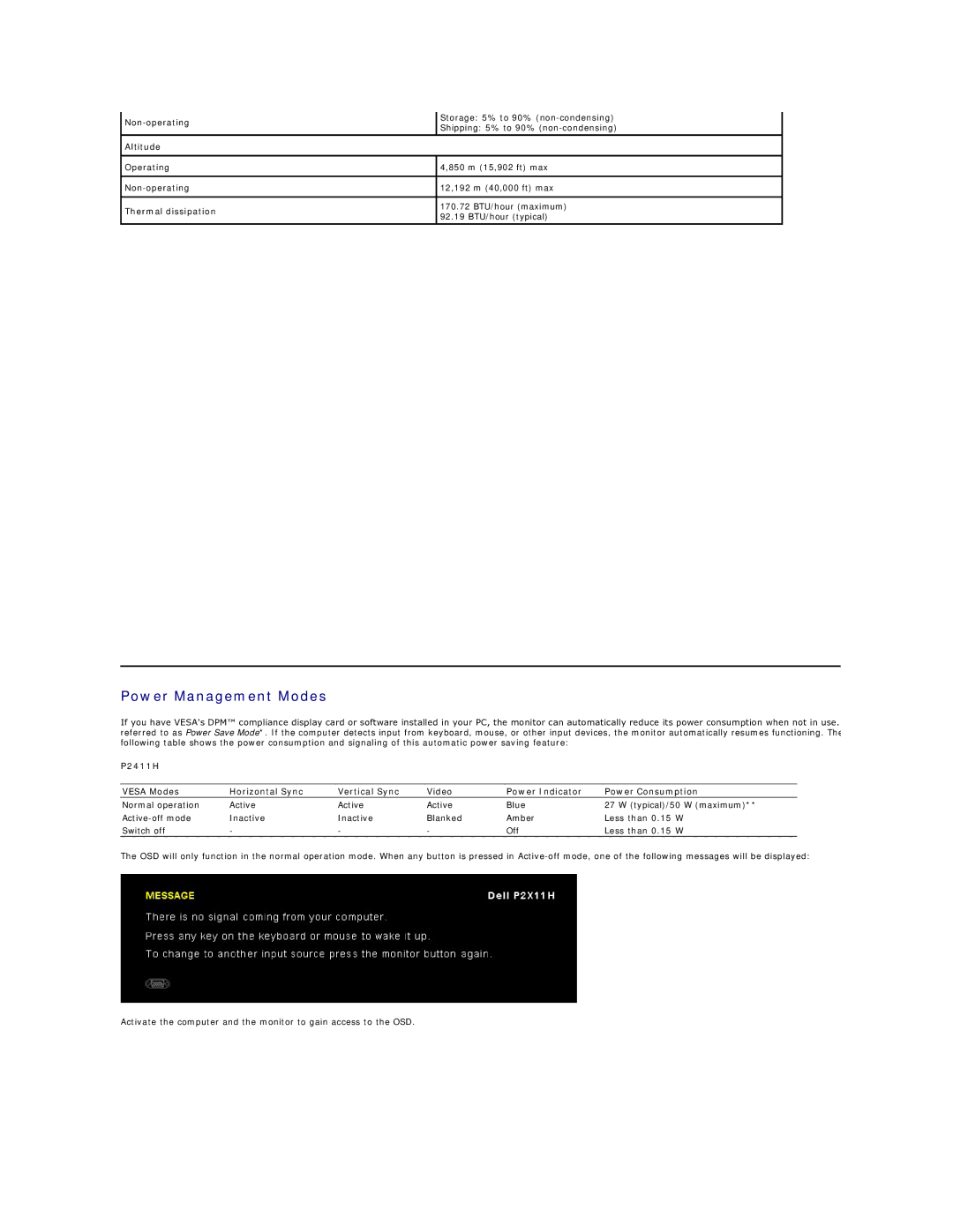 Dell P2411H appendix Power Management Modes, Altitude, Thermal dissipation 