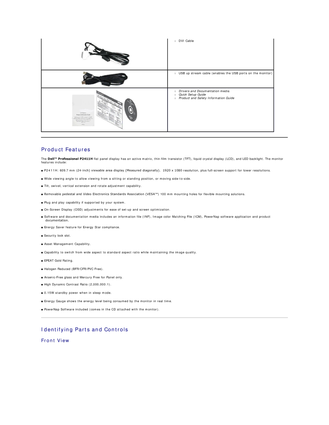 Dell P2411H appendix Product Features, Identifying Parts and Controls, Front View 