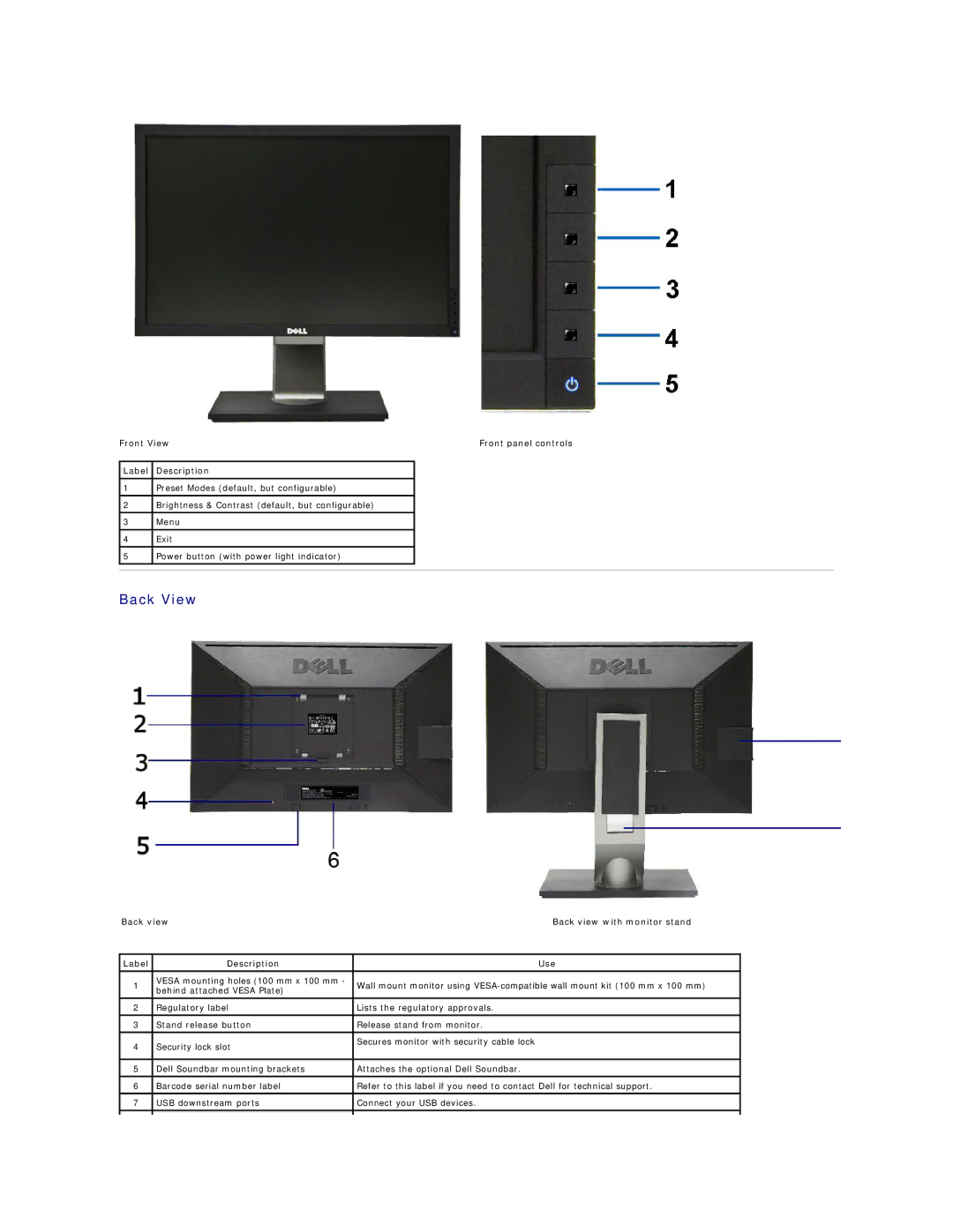 Dell P2411H appendix Back View, Front View Front panel controls Label Description 