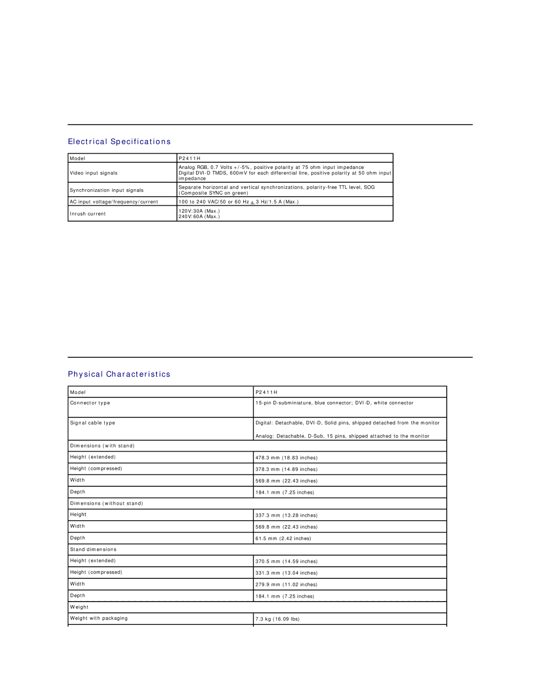 Dell P2411H appendix Electrical Specifications, Physical Characteristics 