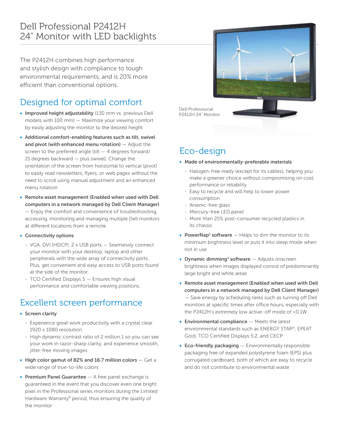 Dell P2412H manual Designed for optimal comfort, Excellent screen performance, Eco-design 