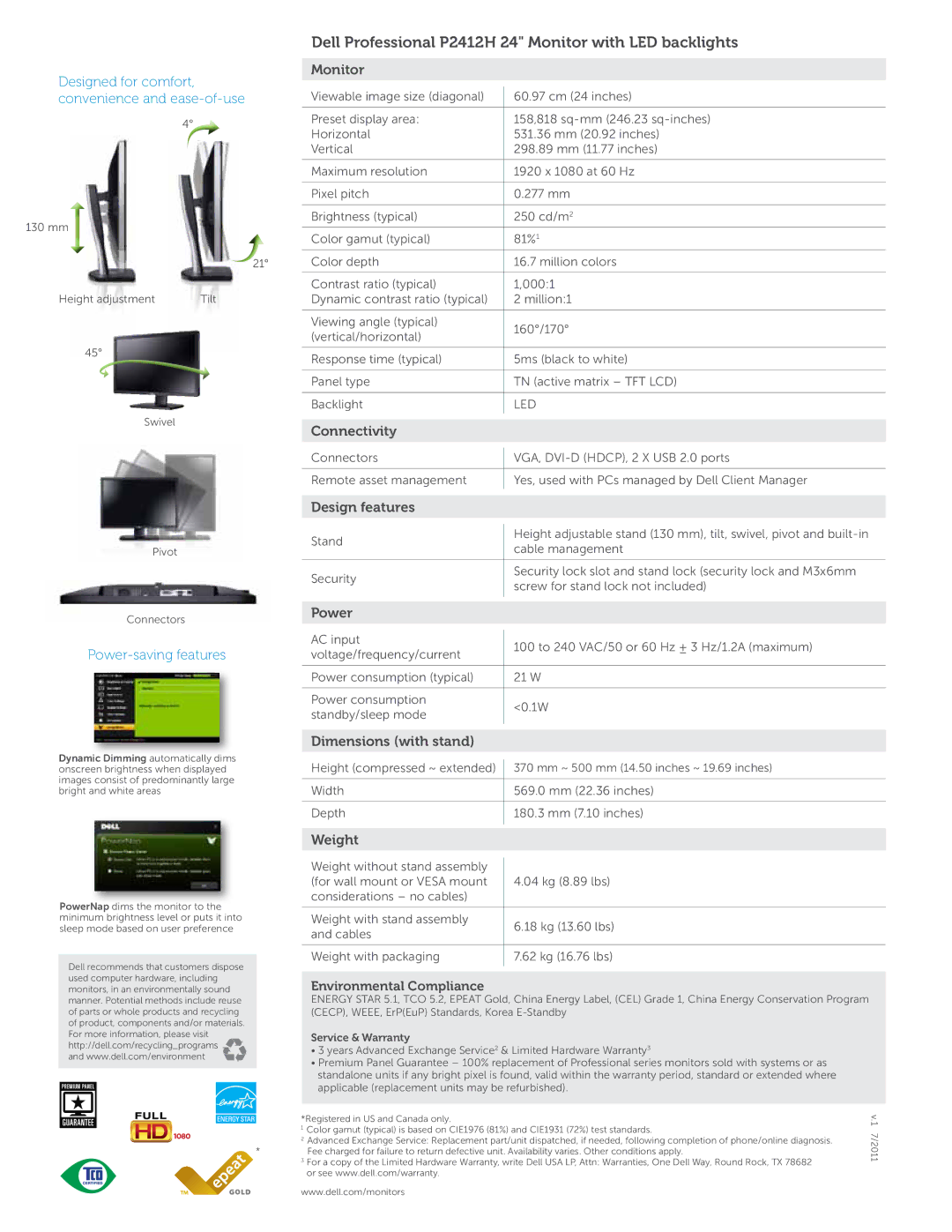 Dell P2412H manual Monitor, Connectivity, Design features, Power, Dimensions with stand, Weight 