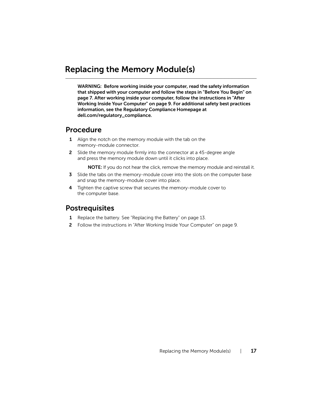 Dell P28F001 manual Replacing the Memory Modules 