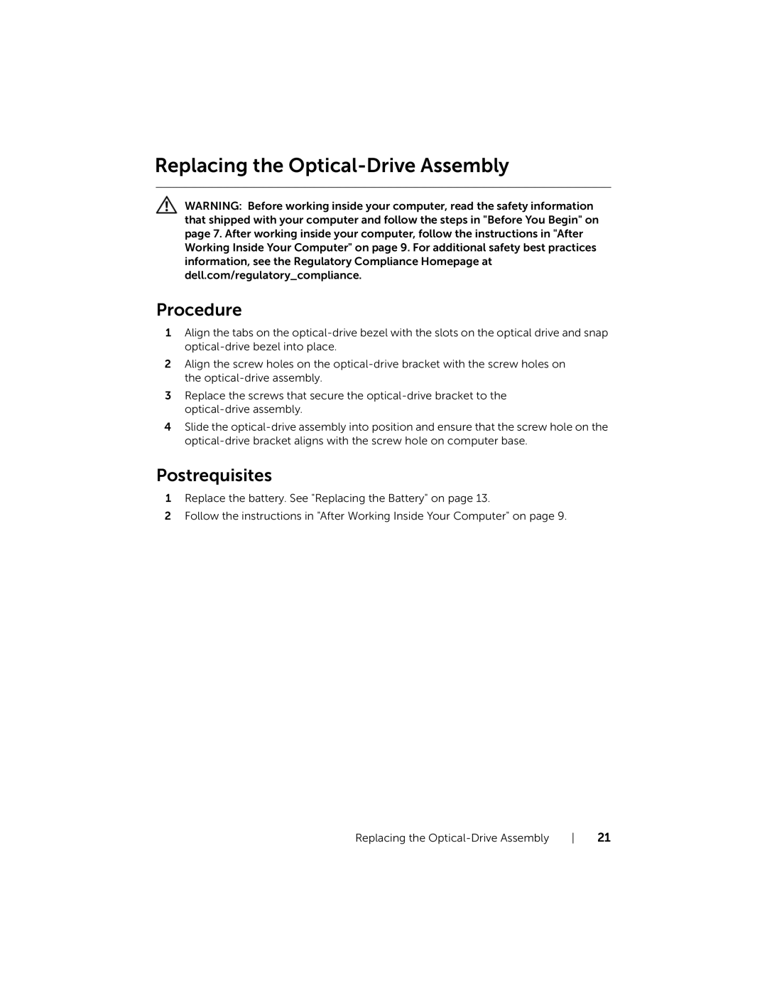 Dell P28F001 manual Replacing the Optical-Drive Assembly 