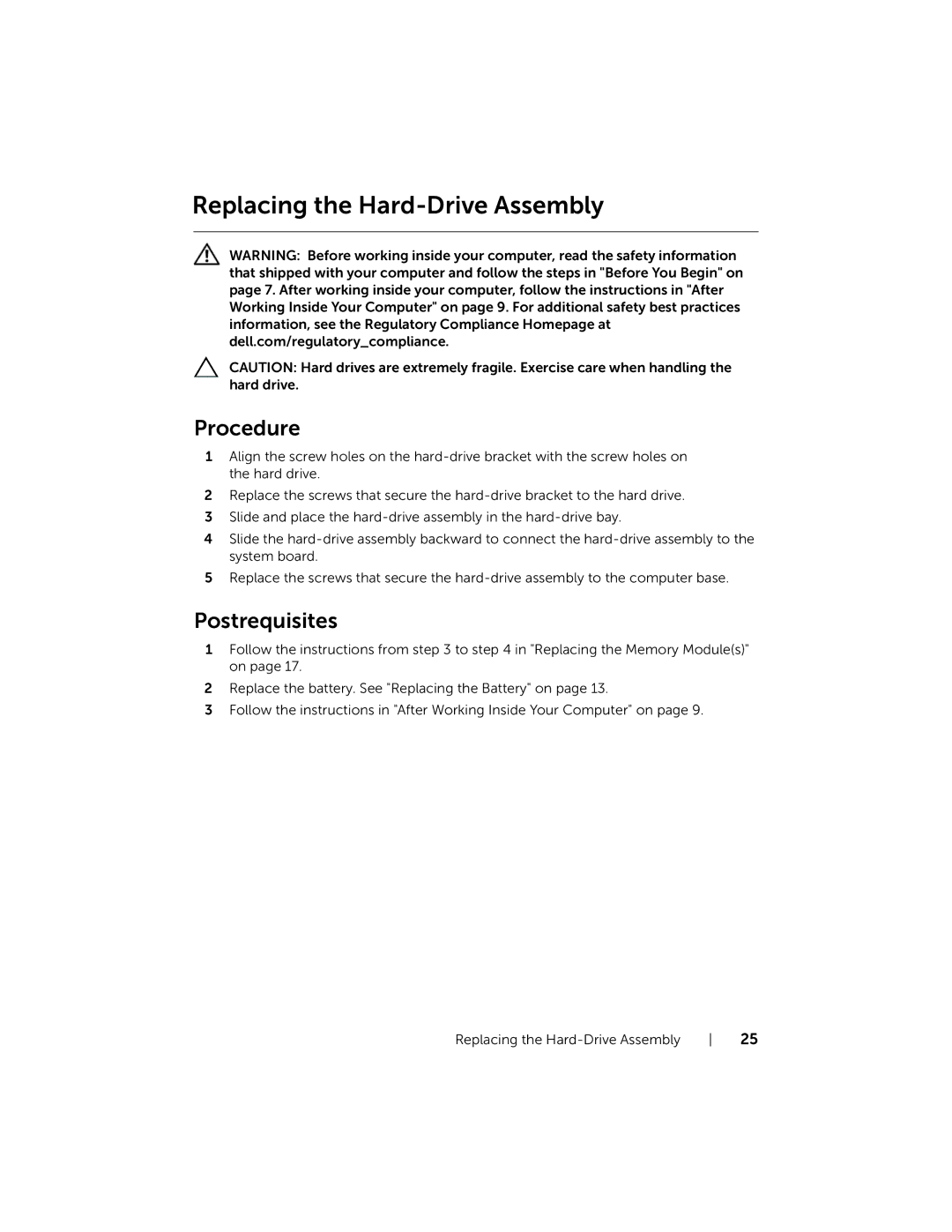 Dell P28F001 manual Replacing the Hard-Drive Assembly 