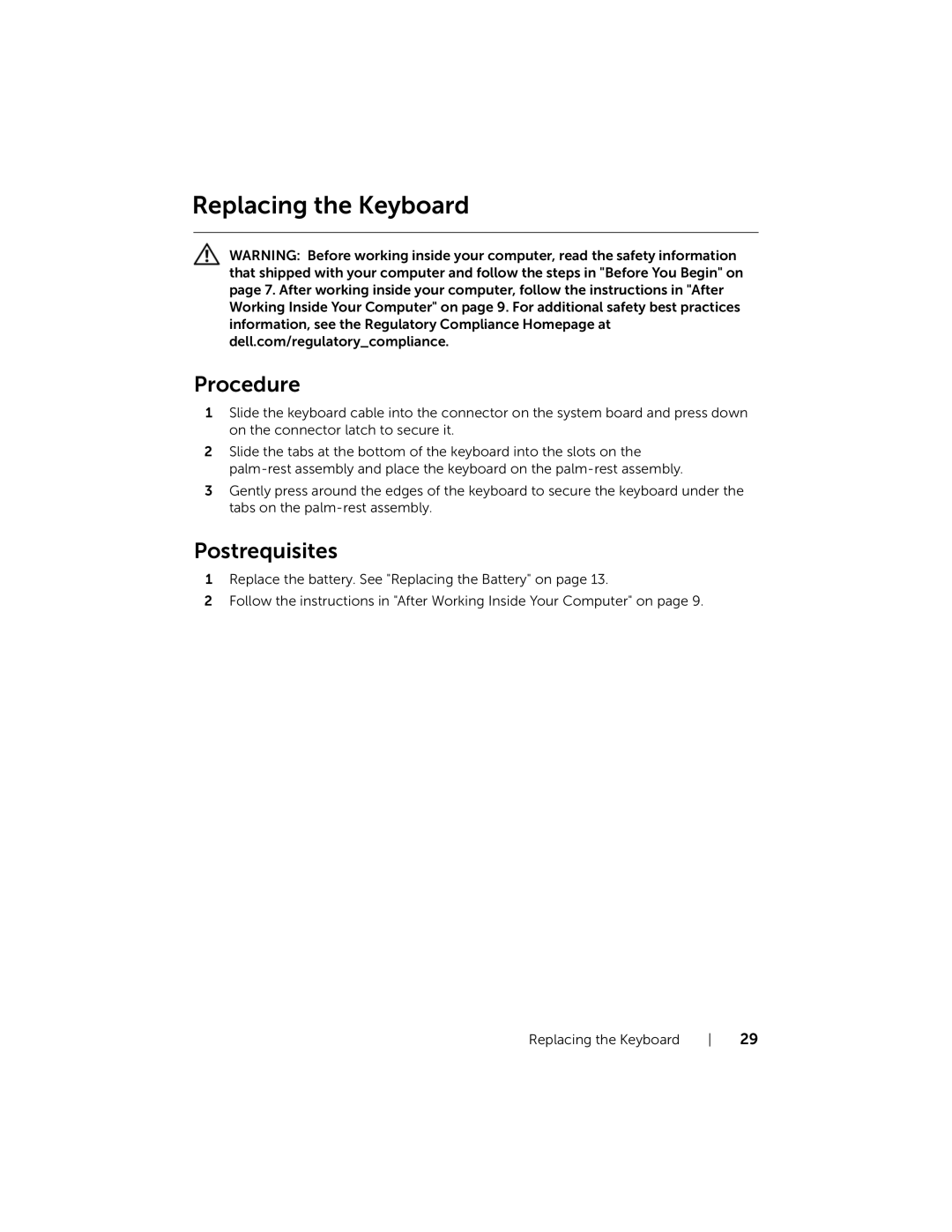 Dell P28F001 manual Replacing the Keyboard 