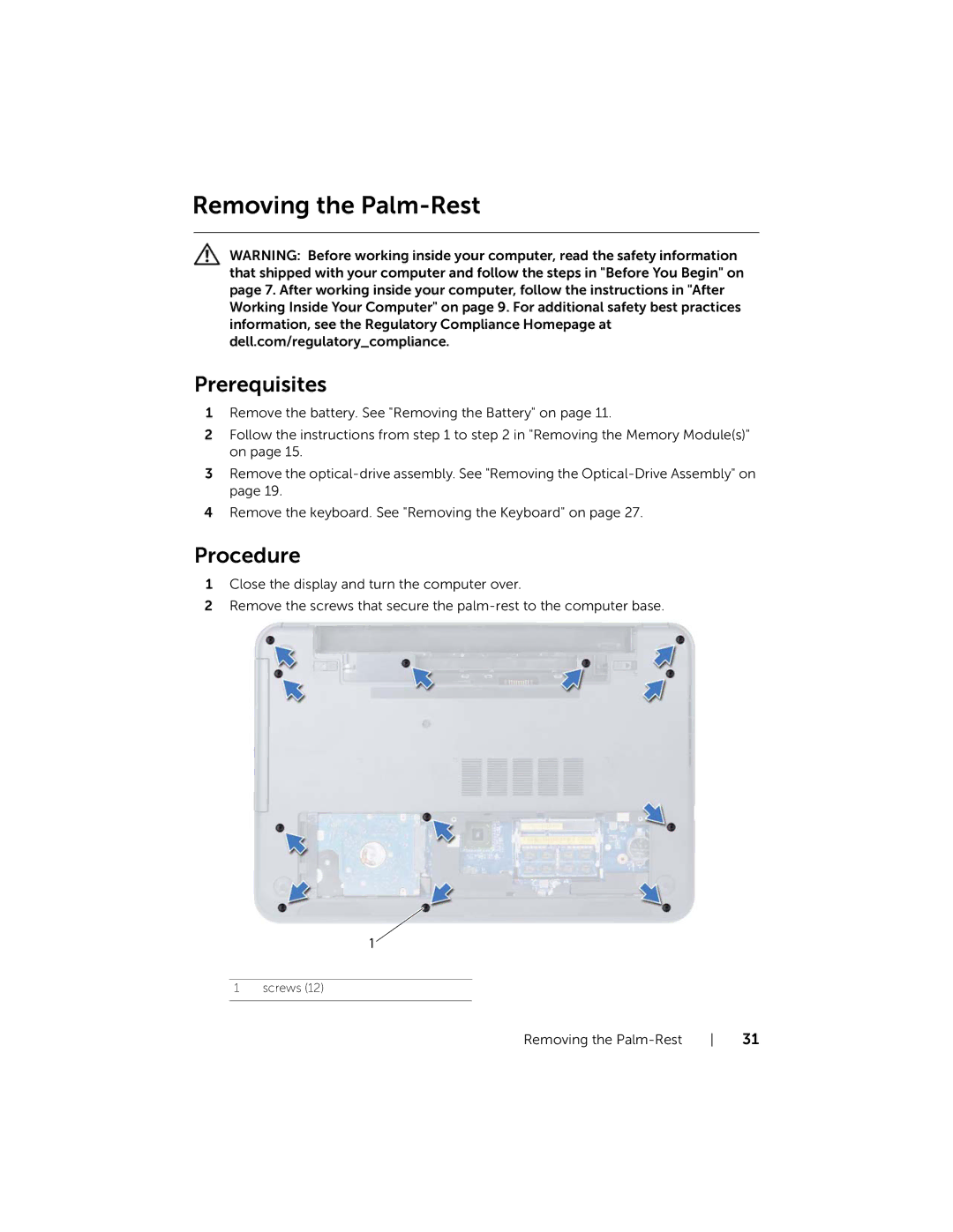 Dell P28F001 manual Removing the Palm-Rest 